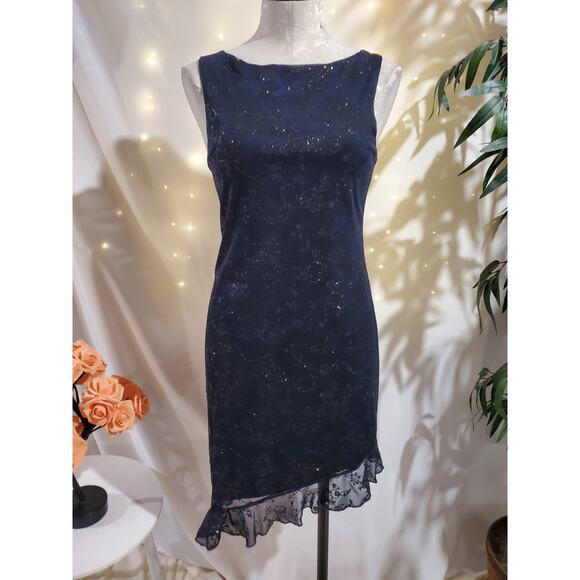 Vtg City Triangles 90s Floral Sparkle Asymmetrical Ruffle Dress Size M w/Scarf - Picture 1 of 16